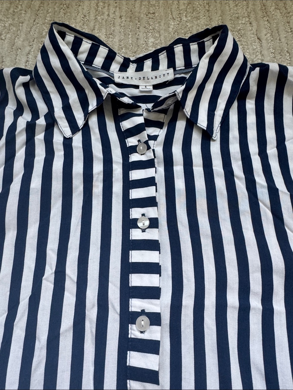 Navy and White Striped Button-Up Shirt - Picture 4 of 7